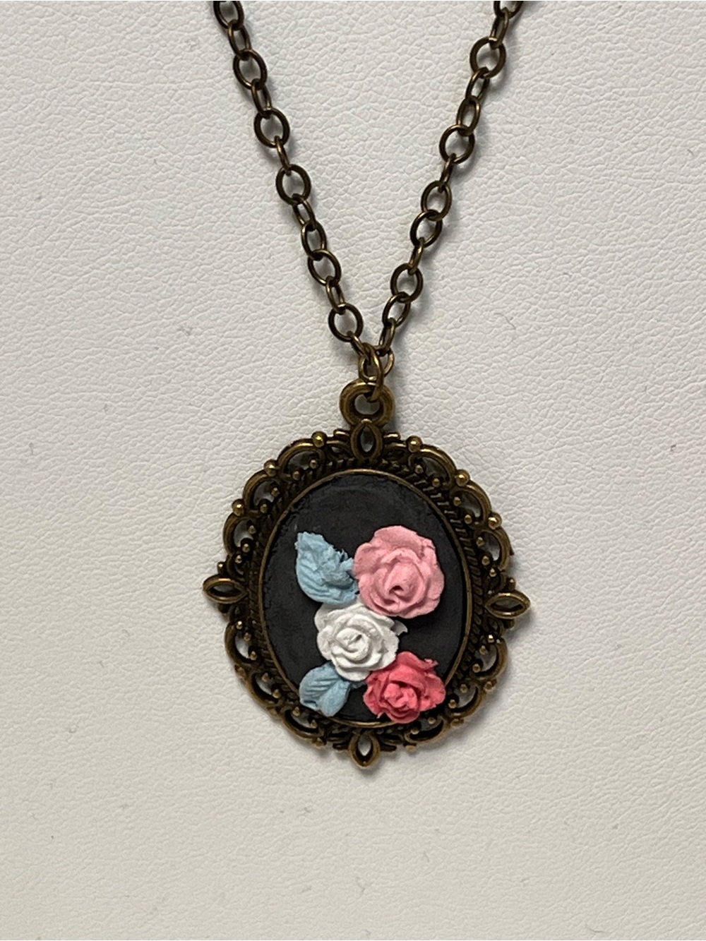 Floral Cameo Pendant Necklace - Pink, White & Blue Roses one of a kind Victorian